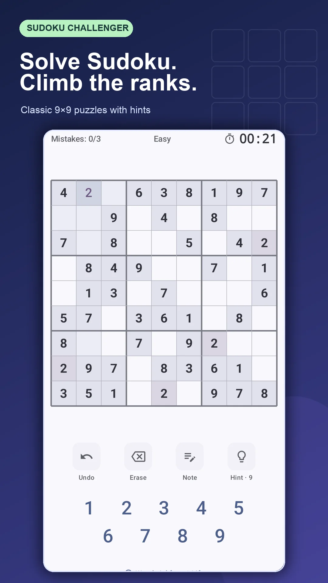 Light theme Sudoku puzzle board with hints and number pad