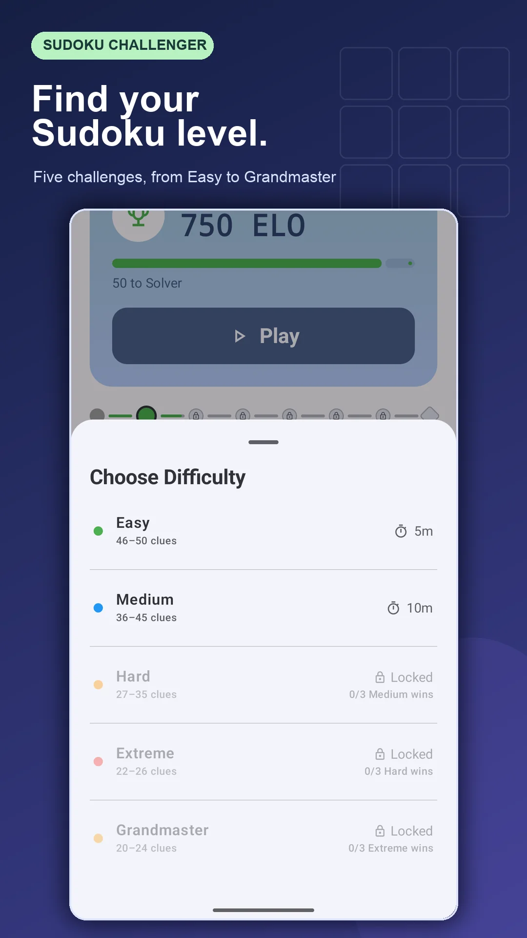 Difficulty picker showing five Sudoku levels and unlock requirements