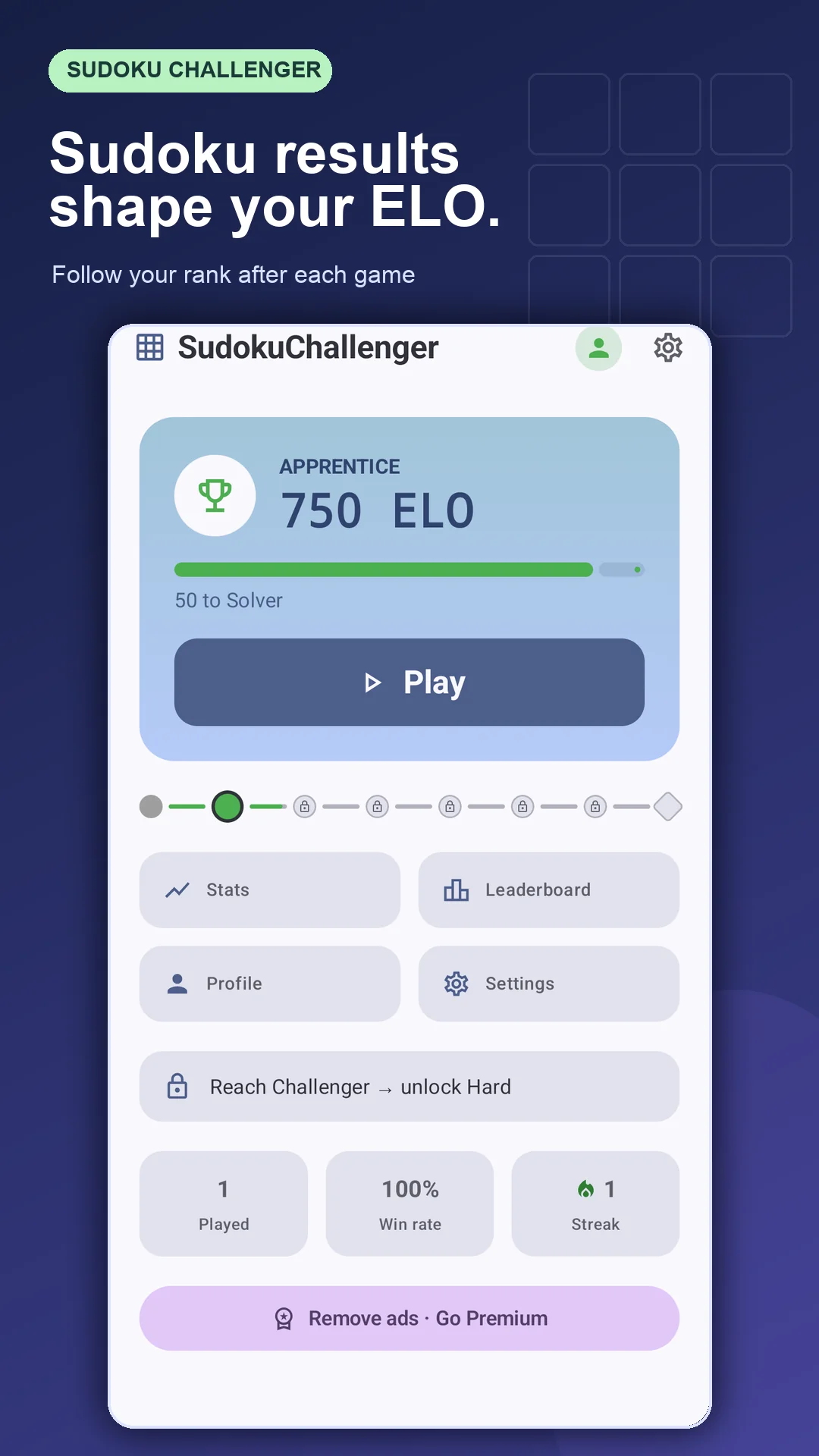 Sudoku Challenger home screen showing ELO rating, rank progress and a Play button