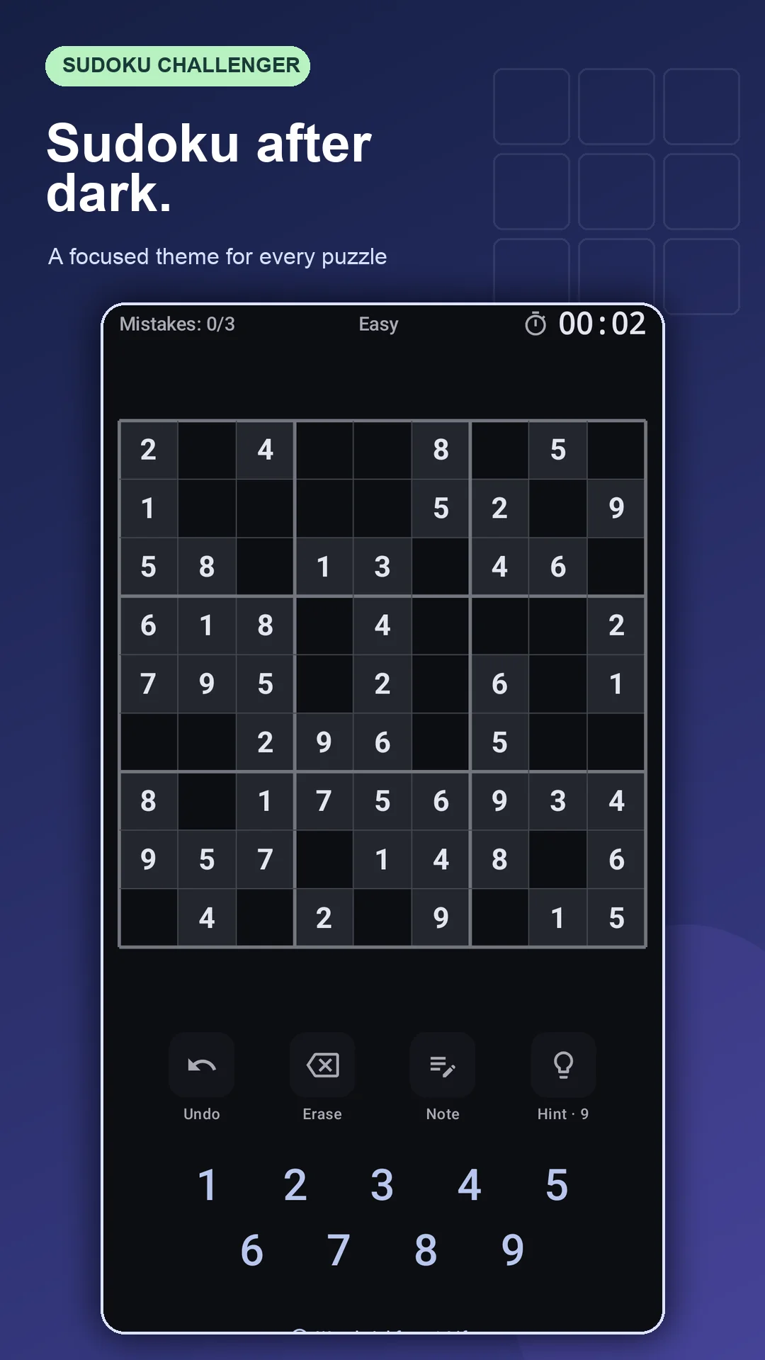 A Sudoku puzzle board in dark theme
